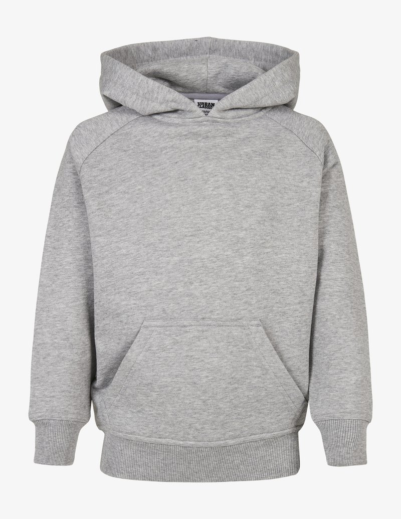 Felpa grigia realizzata in morbido cotone misto, con tasca a marsupio anteriore, polsini a costine e cappuccio regolabile con cordino. Design semplice e versatile.