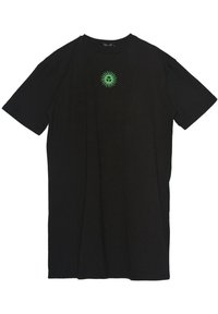 Černé bavlněné tričko s krátkými rukávy má uprostřed zelenou grafiku slunečního výbuchu a design lebky. Kolo výstřih, volný střih.