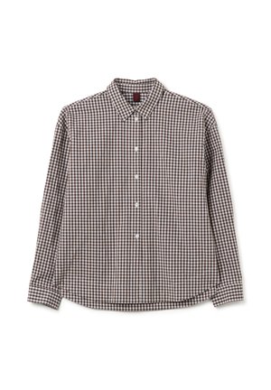Chemise à manches longues beige et blanche à carreaux avec col, posée à plat sur un fond blanc.