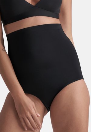 Zwarte high-waisted shapewear van een gladde, stretchstof met een eenvoudig design. Geen zichtbare naden of versieringen.
