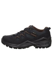 Dark navy hiking shoe with suede and mesh material. Features rubber sole, secure lacing, and brown accents. Designed for durability and traction.