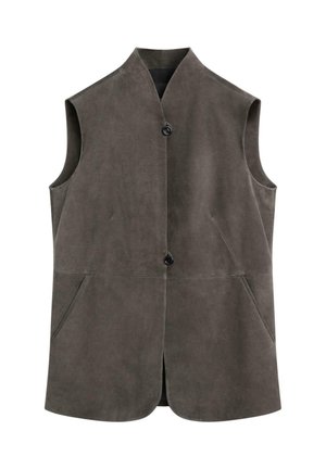 Ärmellose dunkelgraue Wildlederweste mit hohem Kragen, zwei Seitentaschen und zwei schwarzen Knöpfen vorne in der Mitte.