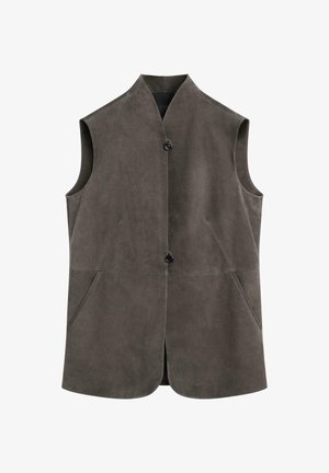 Ärmellose dunkelgraue Wildlederweste mit hohem Kragen, zwei Seitentaschen und zwei schwarzen Knöpfen vorne in der Mitte.