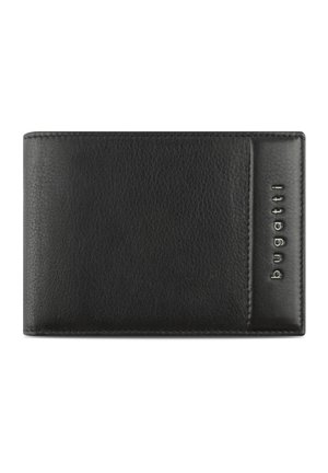 Black leather wallet with a textured finish, featuring a card slot and embossed "bugatti" logo on the side. Rectangular shape.
