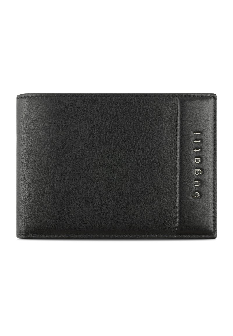Black leather wallet with a textured finish, featuring a card slot and embossed "bugatti" logo on the side. Rectangular shape.
