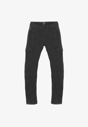Zwarte cargobroek van een katoenmix met meerdere zijzakken, een knoopsluiting en een rechte pijp.