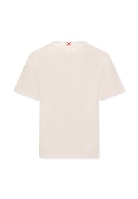 T-shirt bianco in cotone con maniche corte e scollo rotondo, caratterizzato da un accento a motivo quadrettato rosso e bianco sullo scollo posteriore.