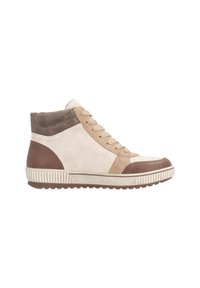 Zapatillas altas que presentan una combinación de ante beige, marrón claro y marrón oscuro. Diseño de cordones con suela de goma texturizada y puntera de contraste.