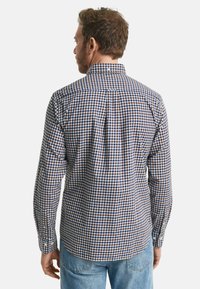 Heren overhemden met lange mouwen in een blauw, bruin en wit geruit patroon. Voorzien van een kraag, knoopmanchetten en een plooi aan de achterkant.