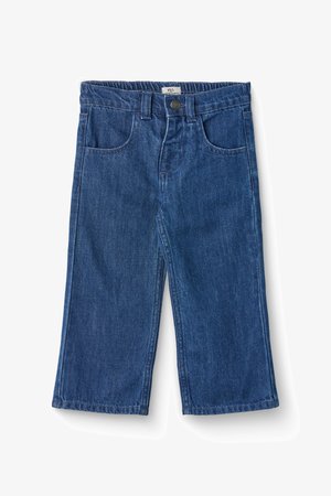 Pantaloni in denim blu con design a gamba dritta, dotati di una vita elasticizzata, tasche frontali e dettagli di cucitura.