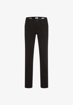 Schwarze Jeans aus Denim mit geradem Beinchen-Design, fünf Taschen, einem knöpfbaren Vorderteil und kontrastierenden Nähten.