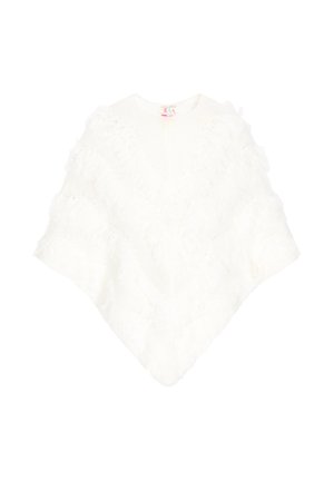 Poncho bianco con un design lavorato a maglia e motivi a zigzag, arricchito da una texture morbida e soffice lungo i bordi.