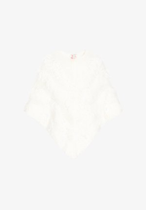 Baltas pončas su mezginio raštu ir zigzagais, akcentuotas minkštu, pūkuotu tekstūru kraštuose.