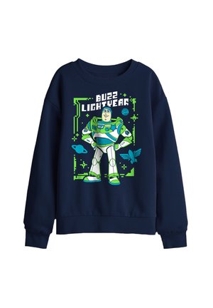 Marineblauer Sweatshirt mit Buzz Lightyear im grünen und weißen Raumanzug mit Planeten und Sternen, darüber der Text "Buzz Lightyear".