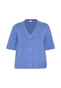 Cardigan bleu clair à manches courtes en matière douce, avec un col en V, un ourlet côtelé et trois boutons à motif floral.