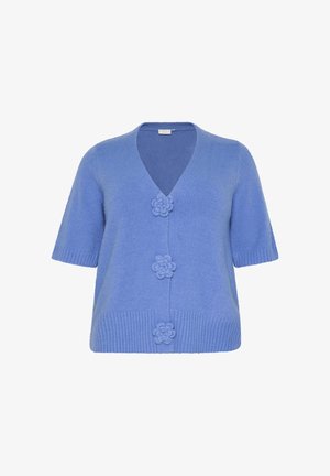 Cardigan bleu clair à manches courtes en matière douce, avec un col en V, un ourlet côtelé et trois boutons à motif floral.