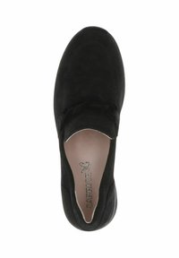 Fekete velúr slip-on cipő, lekerekített orral, hullámos felső dizájnnal és sima béléssel. Nincs rajta látható fémrész vagy díszítés.