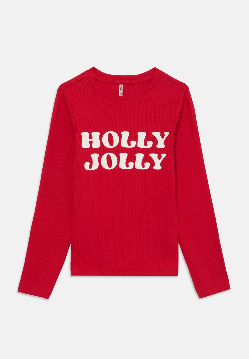 Camisa de mangas longas vermelha com textura canelada, apresentando texto branco que diz "HOLLY JOLLY" em uma fonte ousada e arredondada.