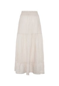 Gonna di lino a strati beige chiaro, con elastico in vita e un design fluido che arriva fino al ginocchio. Tessuto liscio con dettagli di cucitura sottili.