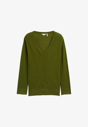 Groene sweater met lange mouwen, een V-hals en een gladde textuur. Heeft een eenvoudig ontwerp en een rechte zoom aan de onderkant.