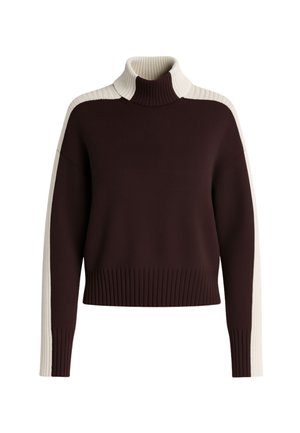 Maglione a collo alto maroon con polsini e orlo a coste, con pannelli sulle spalle di colore crema. Materiale in maglia morbida e vestibilità rilassata.