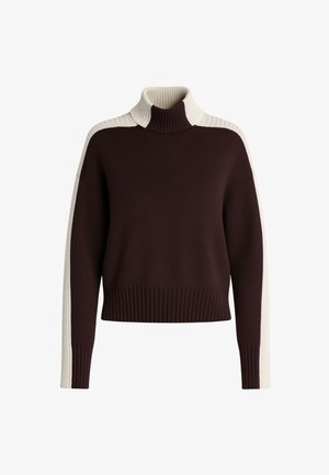 Maglione a collo alto maroon con polsini e orlo a coste, con pannelli sulle spalle di colore crema. Materiale in maglia morbida e vestibilità rilassata.