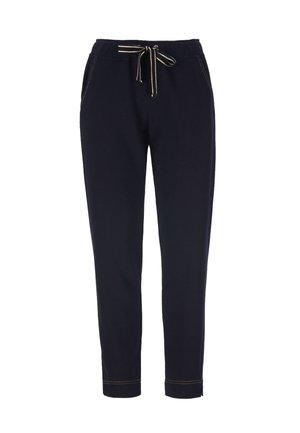 Marineblaue Freizeithose mit elastischem Bund, weißem Kordelzug, Seitentaschen und umgeschlagenen Knöcheln mit sichtbaren Nähten.