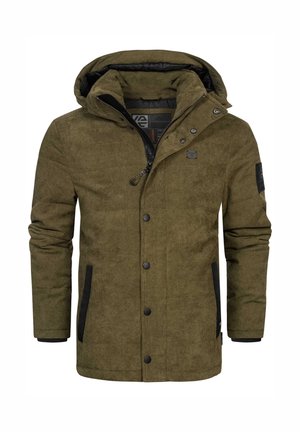 Olivenfarbige gepolsterte Jacke aus strukturiertem Stoff, mit schwarzen Reißverschlusstaschen und einer abnehmbaren Kapuze. Verfügt über einen Druckknopfverschluss und ein weiches Innenfutter.