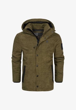 Olivenfarbige gepolsterte Jacke aus strukturiertem Stoff, mit schwarzen Reißverschlusstaschen und einer abnehmbaren Kapuze. Verfügt über einen Druckknopfverschluss und ein weiches Innenfutter.