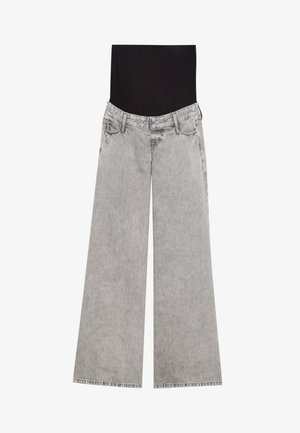 Hochgeschnittene, weit geschnittene Jeans aus hellgrauem Denim. Merkmale einen dunklen Bund und standardmäßige Gesäßtaschen. Glatte Textur mit verwaschenem Finish.