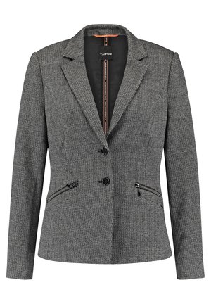 Szara damska marynarka w kratę z klapowym kołnierzem, dwoma czarnymi guzikami oraz zapinanymi na zamek kieszeniami bocznymi, dopasowany krój marki Taifun.