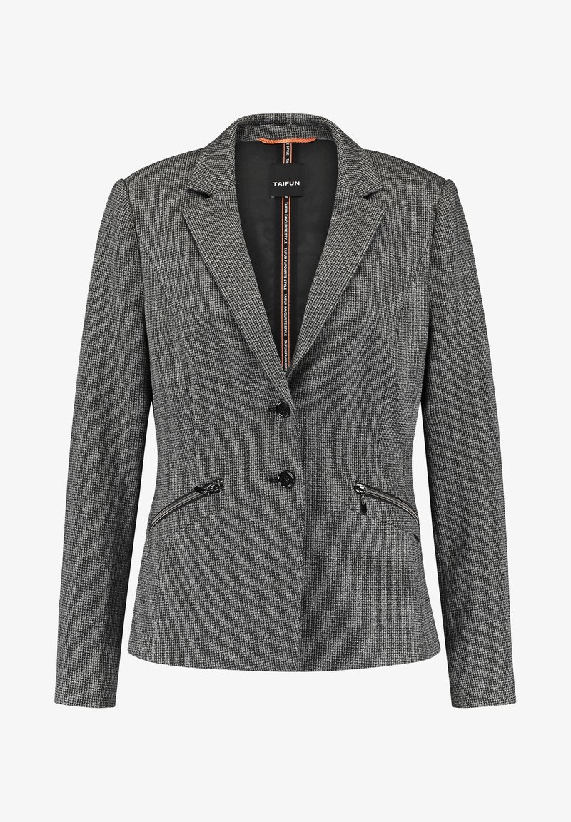 Veste blazer pour femme gris à carreaux avec col à revers, deux boutons noirs et poches latérales zippées, coupe ajustée, de la marque Taifun.