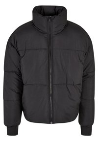 Chaqueta de plumas negra con cuello alto, cremallera frontal completa y diseño acolchado. Los puños son elásticos para un ajuste ceñido.