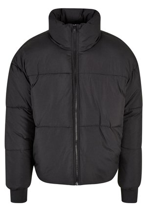 Schwarze Pufferjacke mit hohem Kragen, durchgehendem Reißverschluss und gestepptem Design. Die Bündchen sind elastisch für einen engen Sitz.