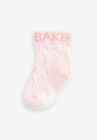 Calzino rosa lavorato a maglia con un risvolto a coste, con la scritta "BAKER" in rosa chiaro. Motivo testurizzato sul corpo, materiale morbido, design alla caviglia.