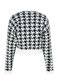Maglione accorciato con motivo a scacchi bianco e nero, colletto e polsini a coste, con una morbida texture lavorata a maglia.