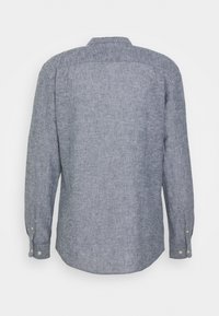 Button-up shirt in dark blue-grey, textured fabric. Features long sleeves, a collar, and button cuffs. Back view shows a simple design.