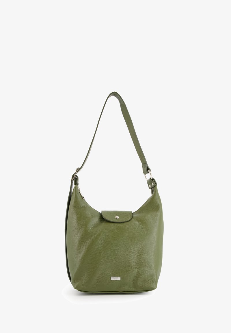 Green leather shoulder bag with a curved shape, top flap closure, and an adjustable strap. Features a silver hardware accent on the front.