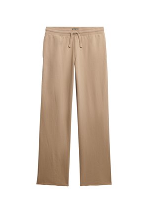 Beige wide-leg pants made from soft fabric. Features an elastic waistband with a drawstring, offering a relaxed fit.