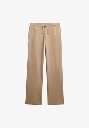 Beige bukser med vide ben lavet af blødt stof. Har en elastisk talje med snøre, som giver en afslappet pasform.