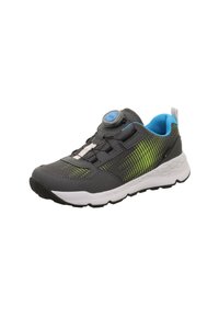 Scarpa sportiva grigia con tomaia in mesh, dettagli verde neon, sistema di allacciatura BOA e intersuola bianca. Suola in gomma testurizzata per una migliore aderenza.