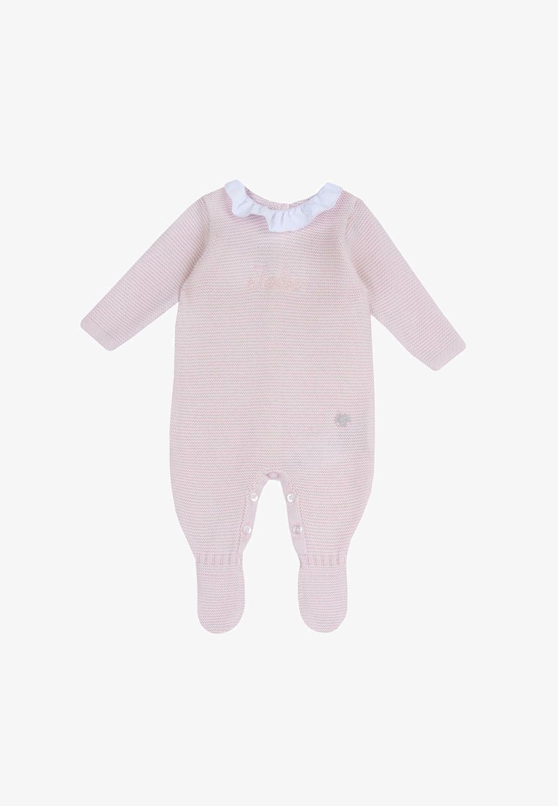 Tutina lavorata a maglia rosa chiaro con maniche lunghe, colletto bianco con volant, testo ricamato "Jeito" e bottoni a pressione sul fondo. Texture morbida.