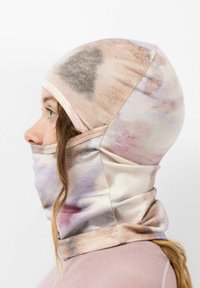 Multikleurige, zachte stofbalaclava met een pastel aquarelpatroon. Past goed om het hoofd en de nek, biedt volledige bedekking.