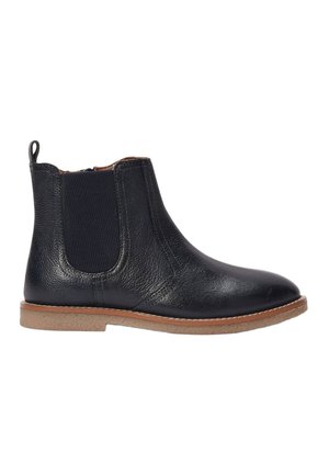 Bottes cheville en cuir noir avec panneaux latéraux élastiques et semelle en caoutchouc beige. Texture lisse avec un bout rond et une languette de tirage à l'arrière.