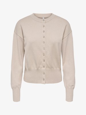 Beige knitted cardigan with a round collar, front button closure, and ribbed cuffs. The fabric is soft with a smooth texture.