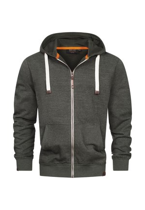 Grå zip-up hættetrøje med en mørkegrøn inderside, der har hvide snore, frontlommer og ribbede manchetter og kant. Diskret tekstureret mønster.