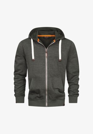 Grey zip-up hoodie with a dark green interior, featuring white drawstrings, front pockets, and ribbed cuffs and hem. Subtle textured pattern.