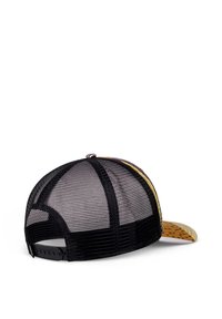 Black mesh trucker cap featuring a curved bill with a wooden pattern. Adjustable plastic snap closure at the back.