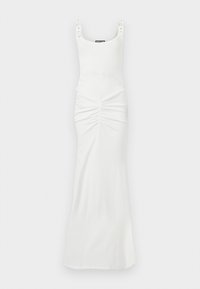 Μακρύ λευκό φόρεμα χωρίς μανίκια με τετράγωνο ντεκολτέ, ρυθμιζόμενες τιράντες με αγκράφα και ραφές στο ύψος της μέσης.