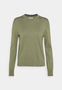 Pull vert à manches longues en tissu tricoté doux. Caractérisé par un col rond, des poignets et un ourlet côtelés, avec une texture lisse et une coupe classique.